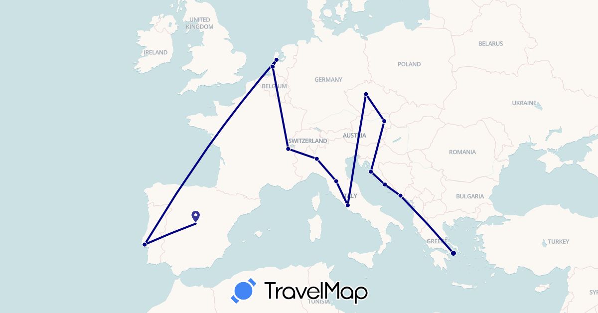 TravelMap itinerary: driving in Austria, Switzerland, Czech Republic, Spain, Greece, Croatia, Italy, Netherlands, Portugal (Europe)